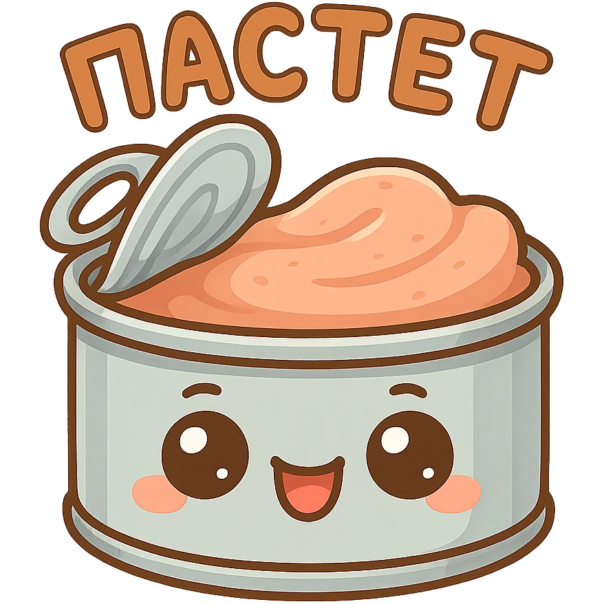 Chibi style cute open pâté tin can, lid partially opened, visible smooth pâté inside, big expressive cartoon eyes on the can, happy smiling face, tiny chubby proportions, kawaii emoji style, thick clean outline, flat illustration, soft pastel colors, simple shapes, no background, Twitch emote style, readable at small size, text on top saying "ПАСТЕТ" in bold cute Cyrillic letters emoji