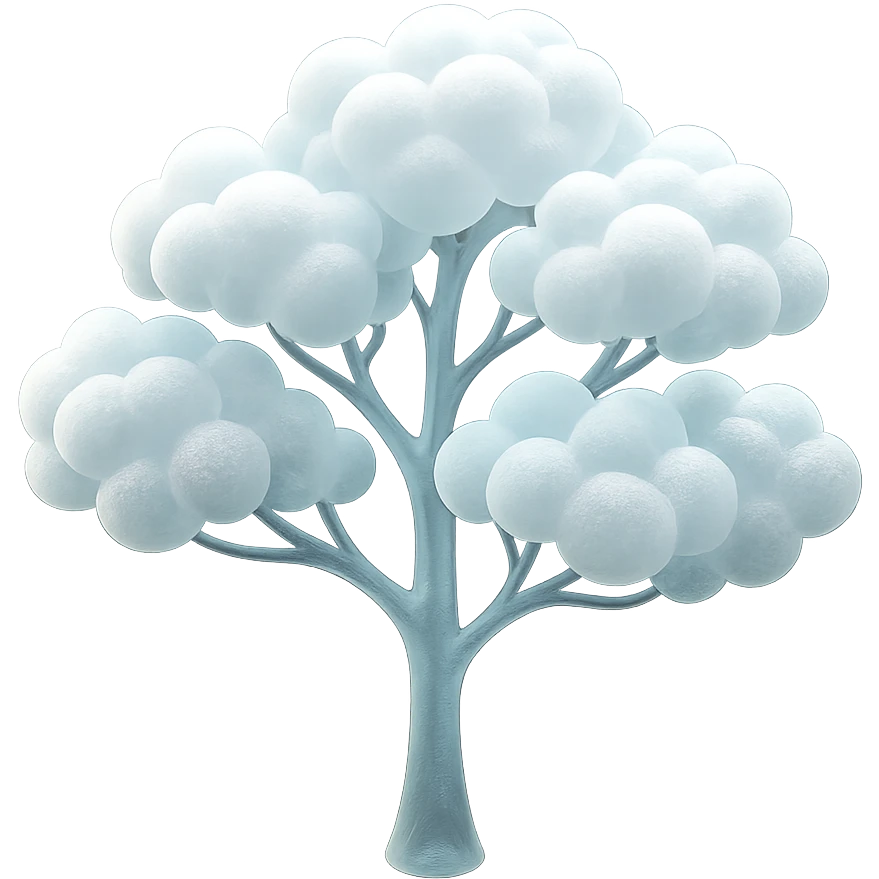 one tree with many branches and a white trunk, crown made of small very bright white fluffy convex clouds, matte glass style emoji