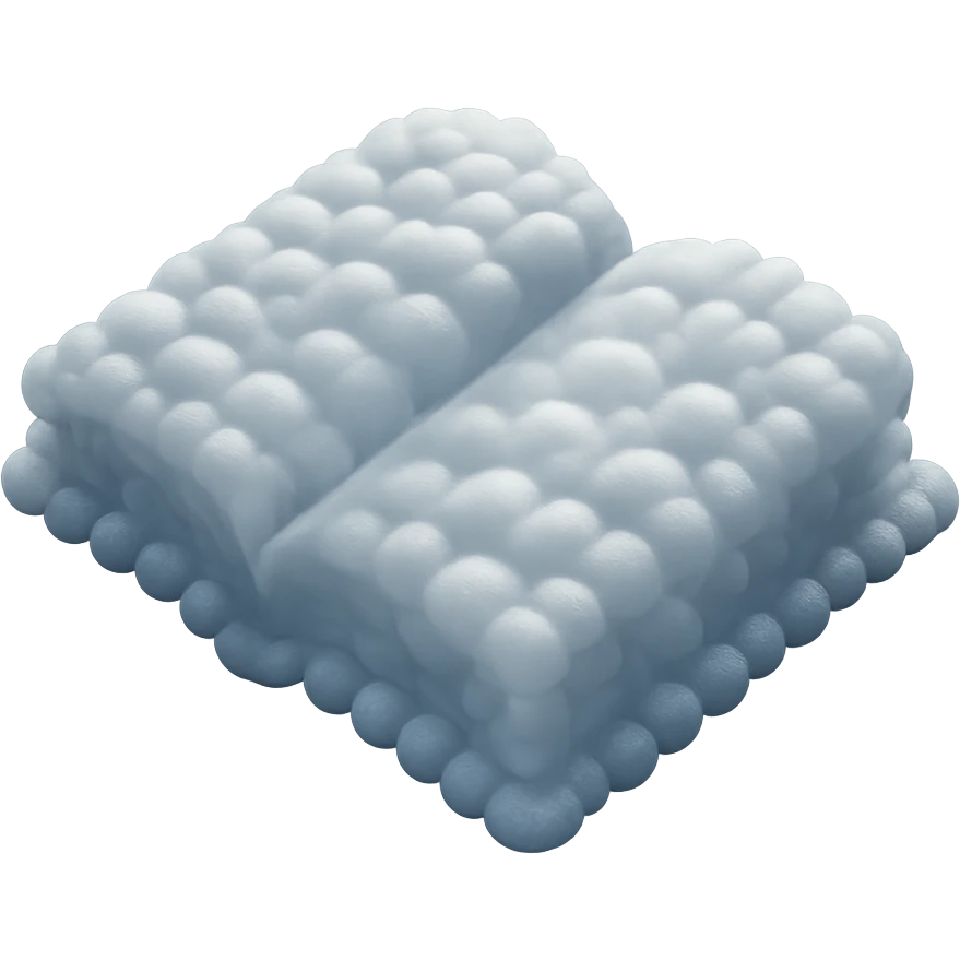 top view of a thick open book made entirely of small, very bright white fluffy convex clouds, matte glass style emoji