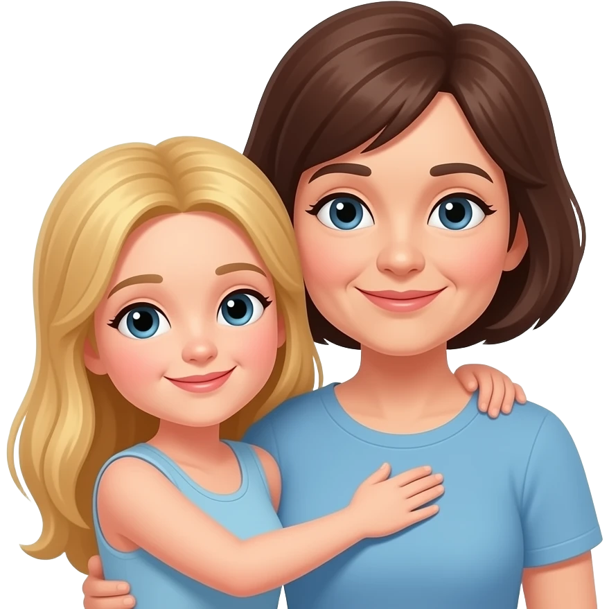 Blonde long hair adult daughter hugging her older Mom with dark brown short hair and a thought bubble over daughter’s head with words saying Best Mom Ever! emoji