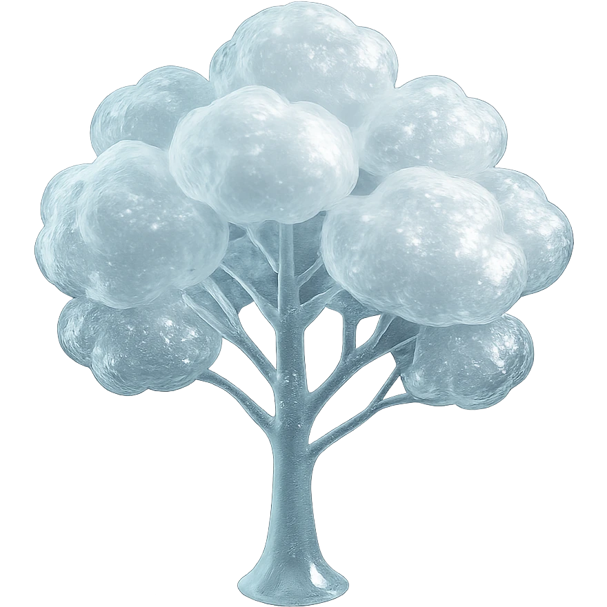 one tree with many branches and a white trunk, crown made of small very bright white fluffy convex clouds, matte glass style emoji