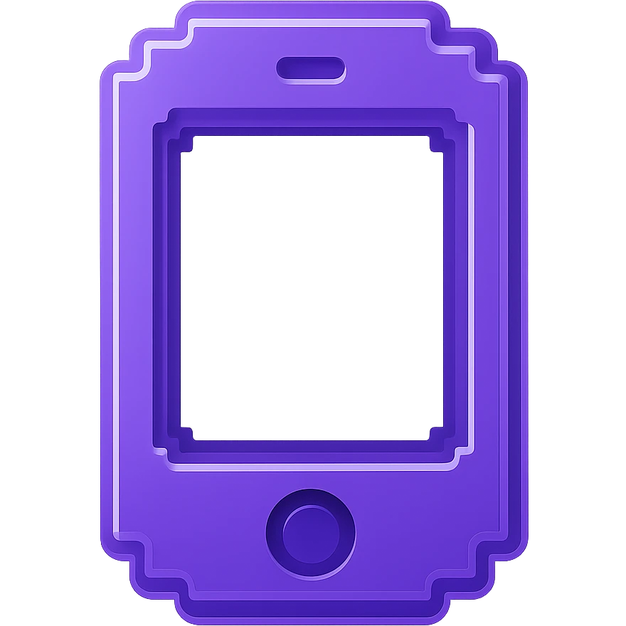 Make this 3D purple smartphone icon fully front facing (not isometric), keep pixel art accents and shiny look, with transparent background. emoji