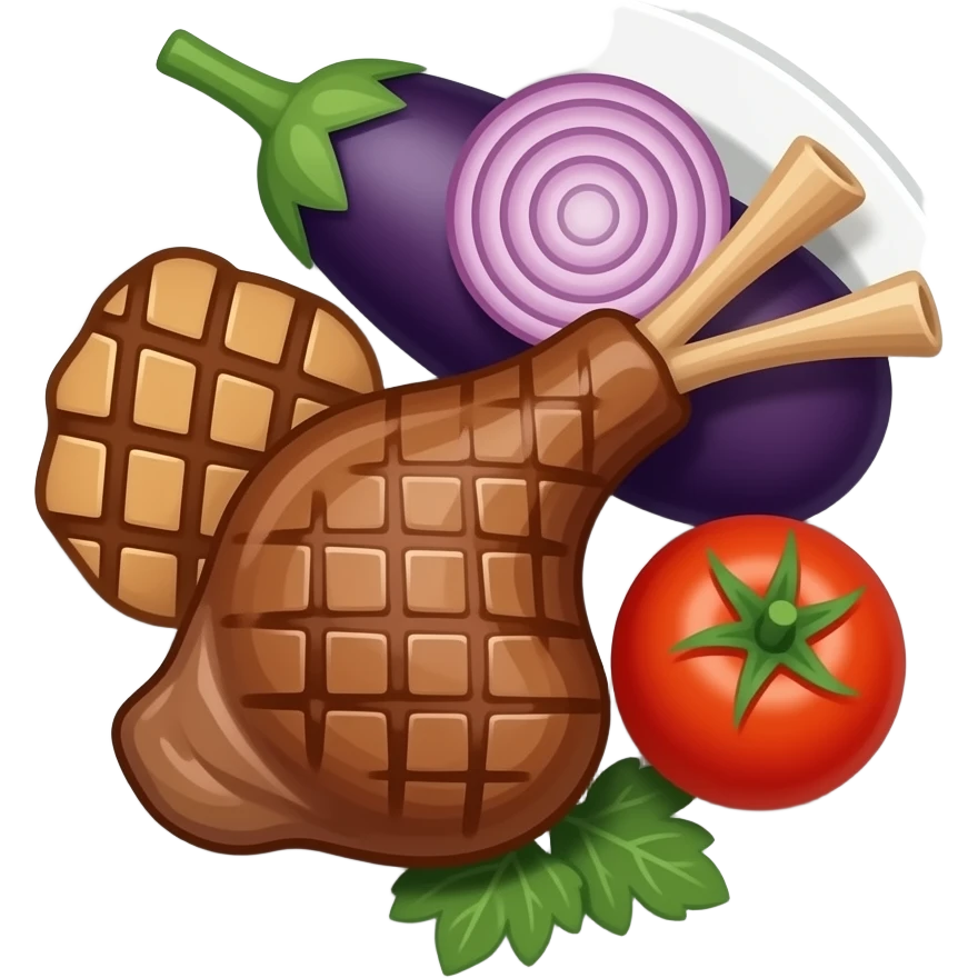 grilled lamb plate with lamb, eggplant, onion and tomato on a white plate, glossy juicy cartoon food render, chunky inflated shapes, simplified textures, clean icon rendering, vibrant colors, emoji style, mobile game icon, centered composition, isolated object, transparent background emoji
