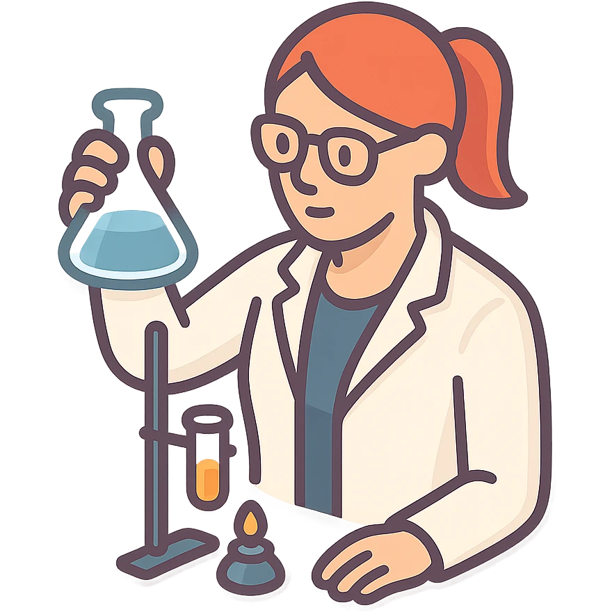 A female chemist, wearing glasses, white lab coat over indigo shirt, focusing on lab experiment, holding a flask in her right hand, waist-up emoji