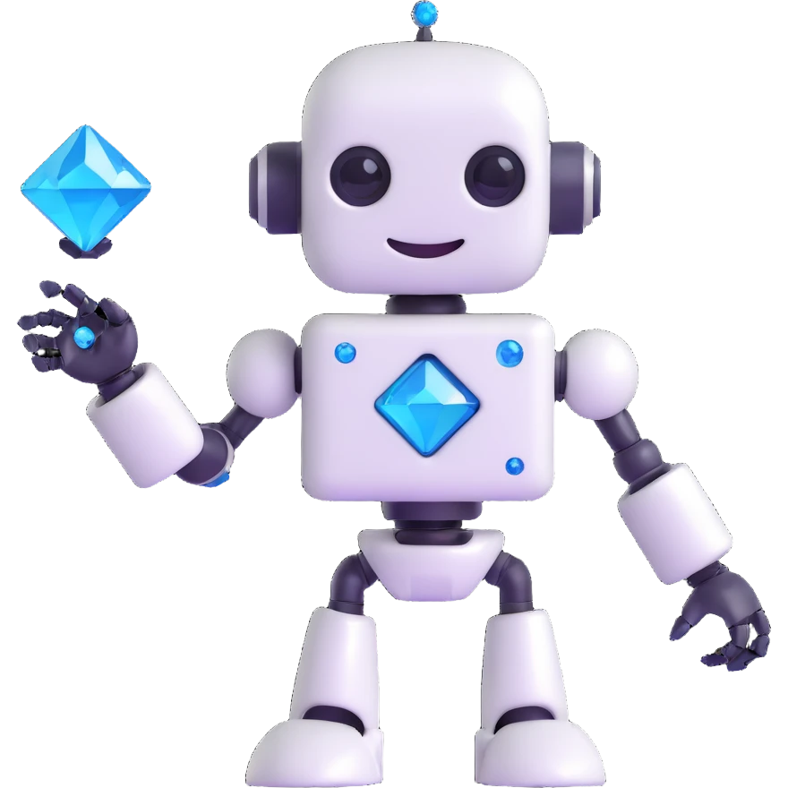 smiling robot holding a blue diamond emoji