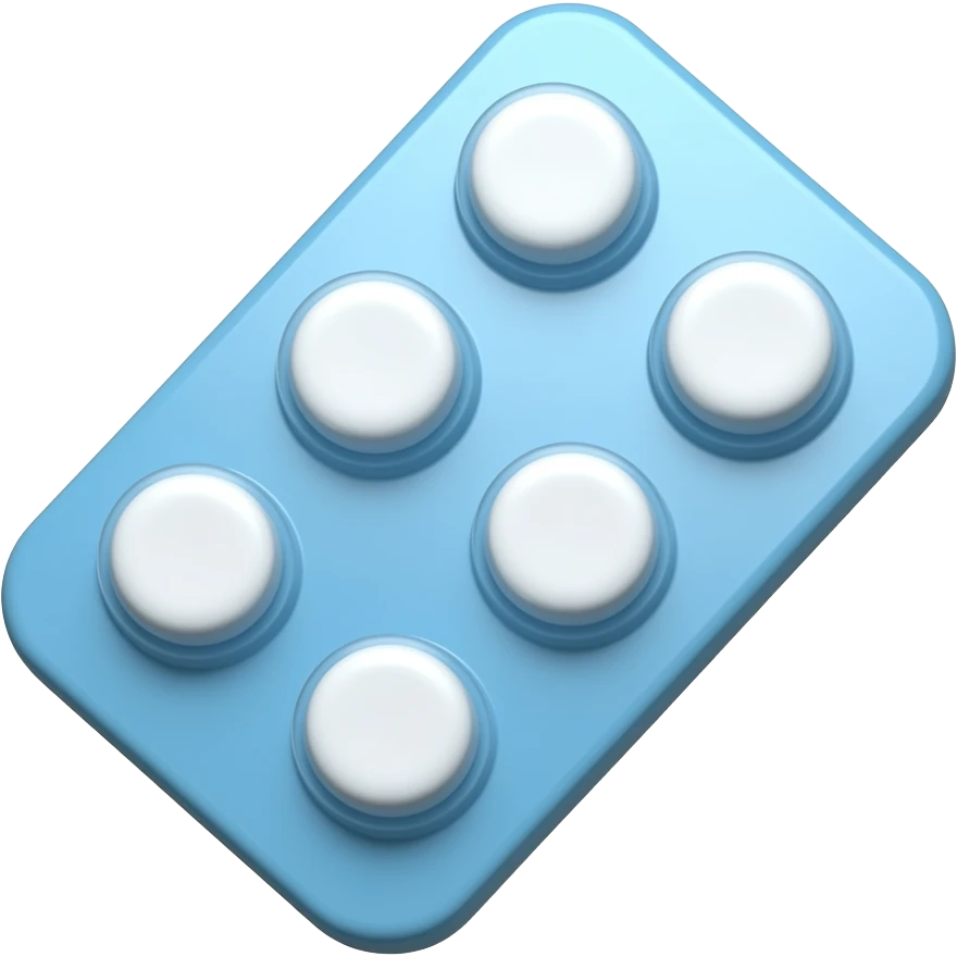 Create a cute 3D emoji icon of a light blue medicine blister pack with round white pills. Slightly tilted, glossy, soft shadows, rounded corners. Transparent background, no text, no logo. emoji
