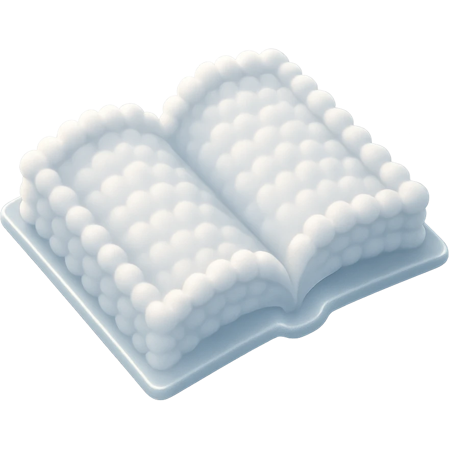 top view of a thick open book made entirely of small, very bright white fluffy convex clouds, matte glass style emoji