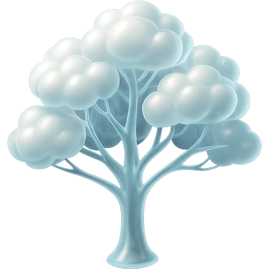 one tree with many branches and a white trunk, crown made of small very bright white fluffy convex clouds, matte glass style emoji