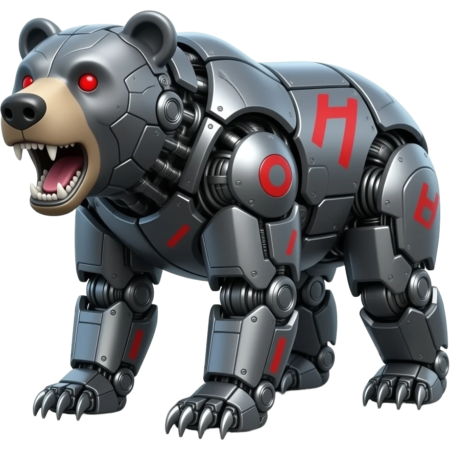 Completely mechanical grizzly bear, (Gray metal jaws), Hyper realistic, made of dark gray metal everywhere, with red markings on it's body and red eyes, (ALL GRAY METAL) emoji