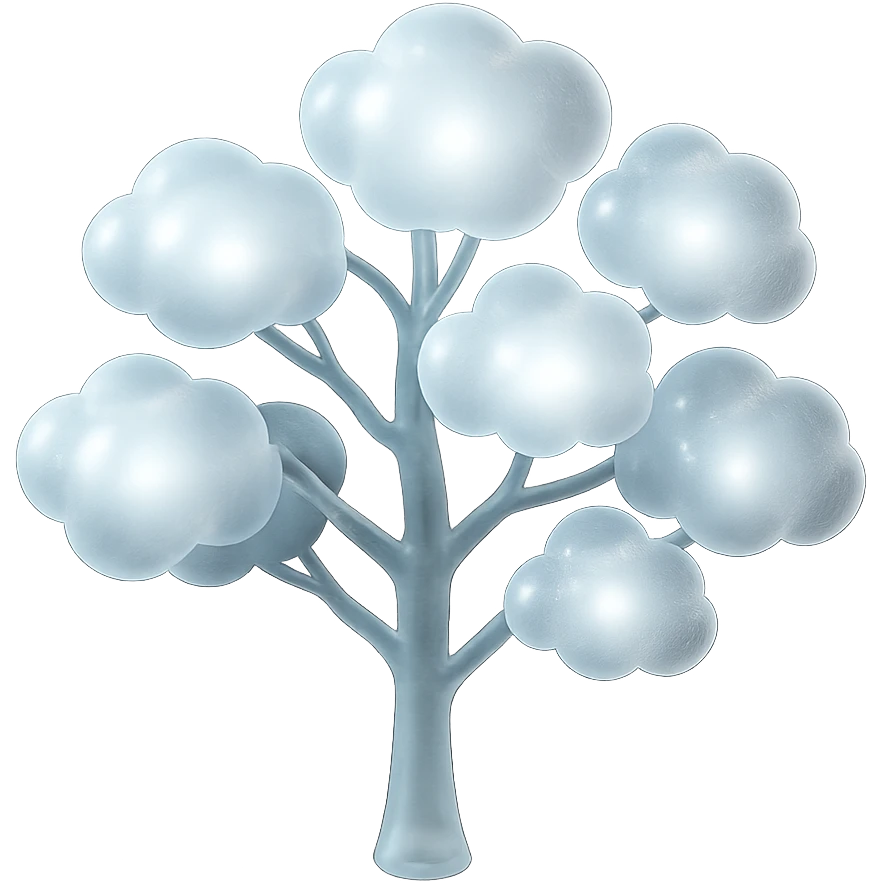 one tree with many branches and a white trunk, crown made of small very bright white fluffy convex clouds, matte glass style emoji
