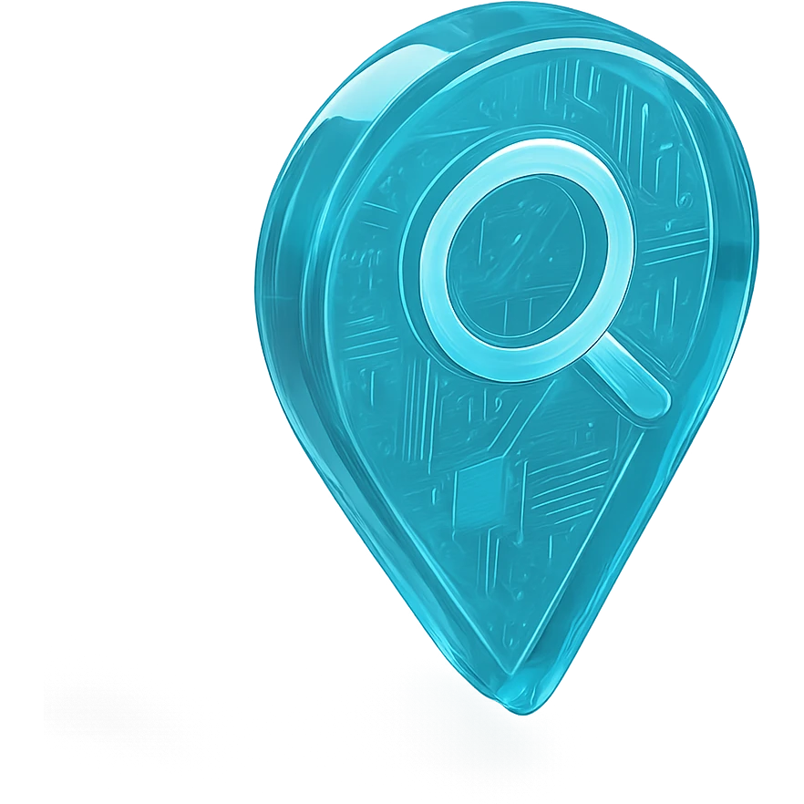 Icon of a map pin with a magnifying glass, cyan blue emoji