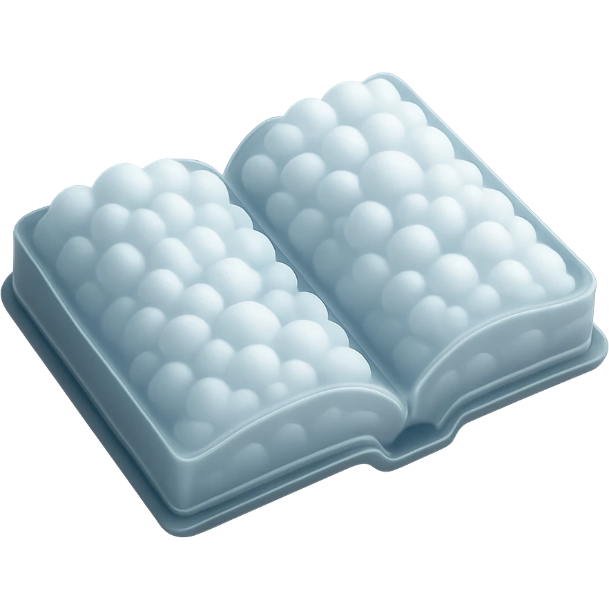 top view of a thick open book made entirely of small, very bright white fluffy convex clouds, matte glass style emoji