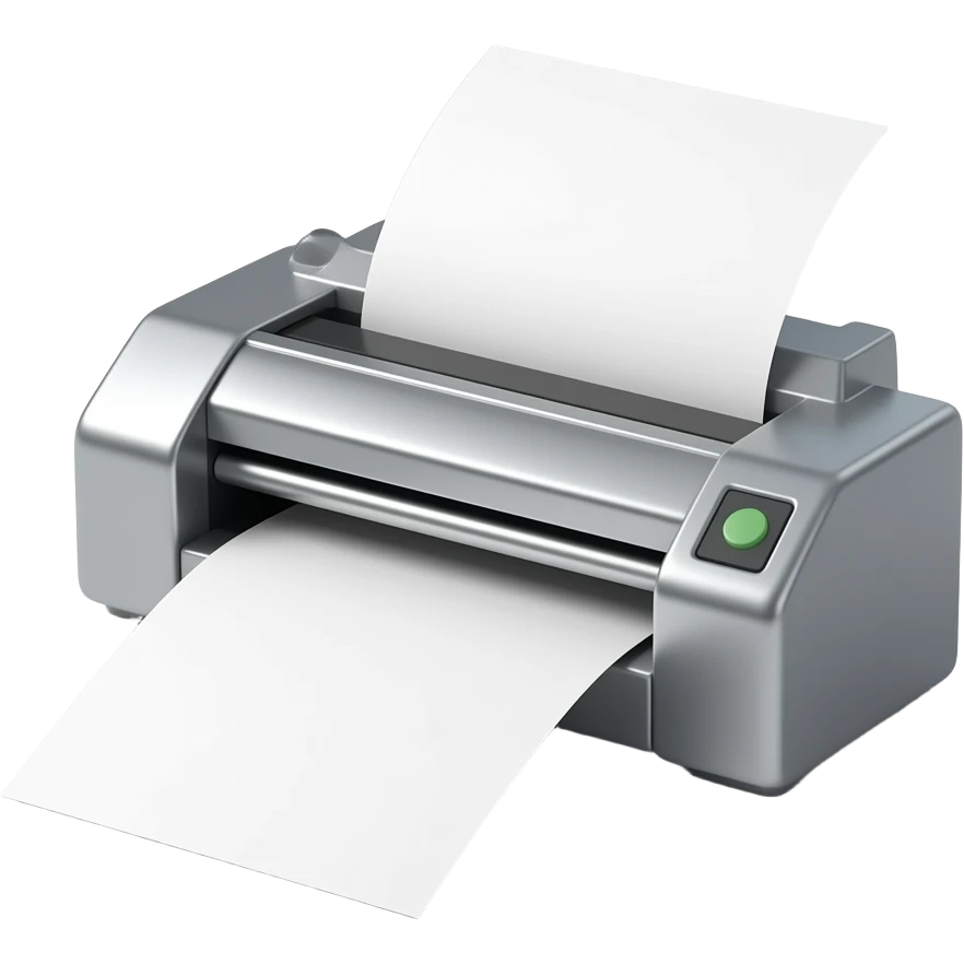 Tiny small modern creative printing machine, metallic silver, printing a large blank white sheet, clean light-gray background, realistic studio lighting, soft shadows, minimal premium design, photorealistic. emoji