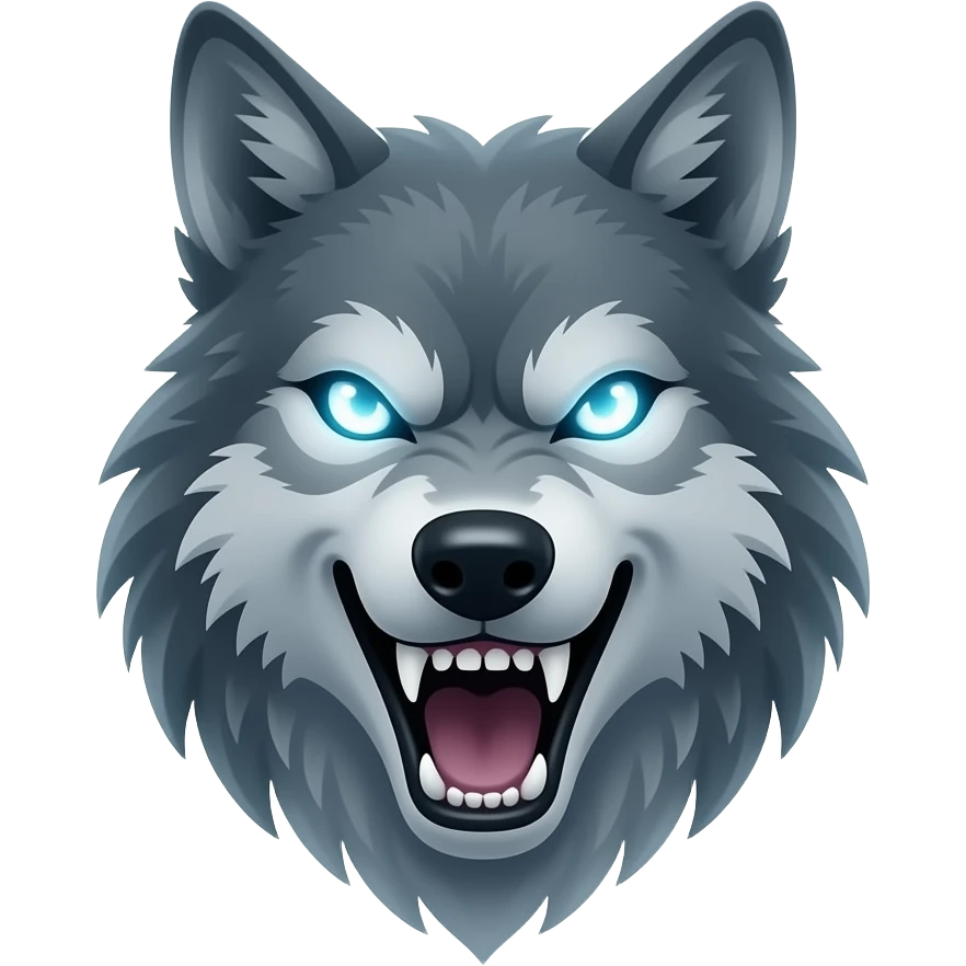 angry werewolf head emoji facing front, mouth open, only partially visible with subtle shadow silhouette, transparent ghost-like body, glowing eyes floating in darkness, soft smoky outline ,SEMI TRANSPARENT fur distortion effect” emoji