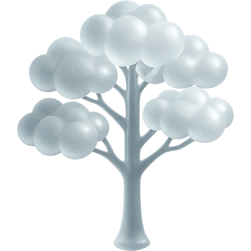 one tree with many branches and a white trunk, crown made of small very bright white fluffy convex clouds, matte glass style emoji