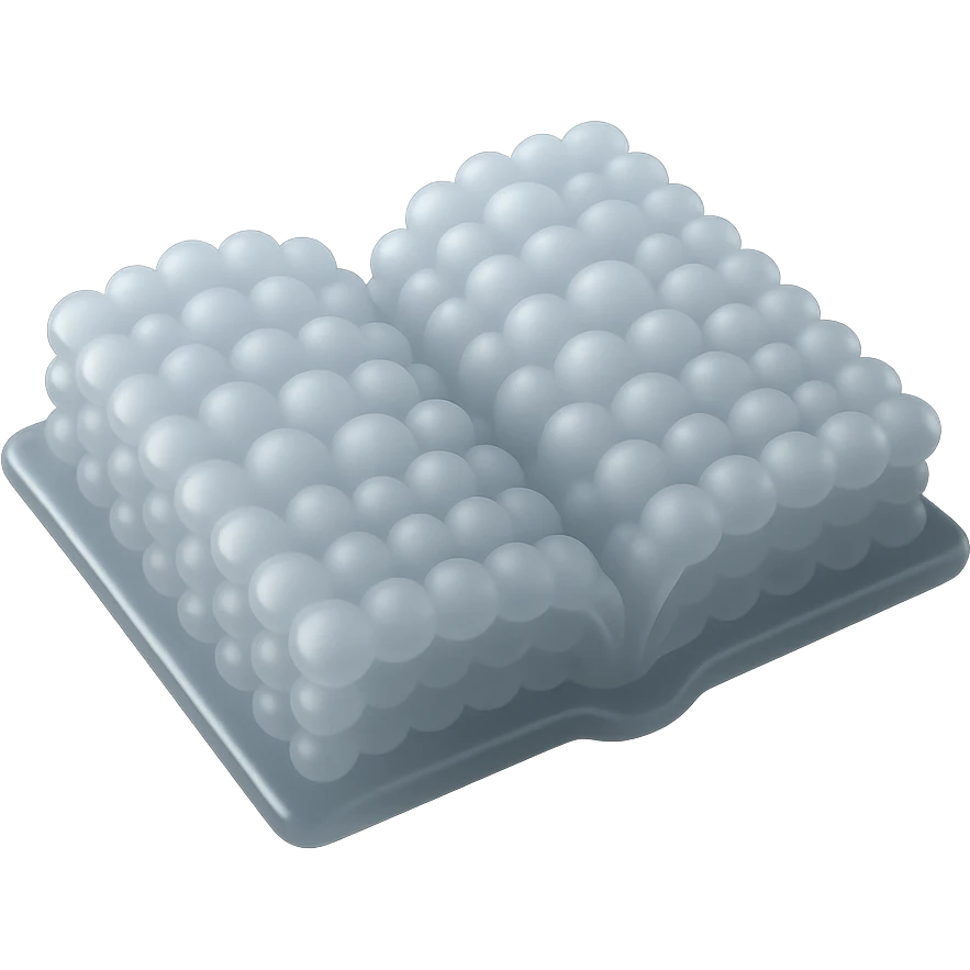 top view of a thick open book made entirely of small, very bright white fluffy convex clouds, matte glass style emoji