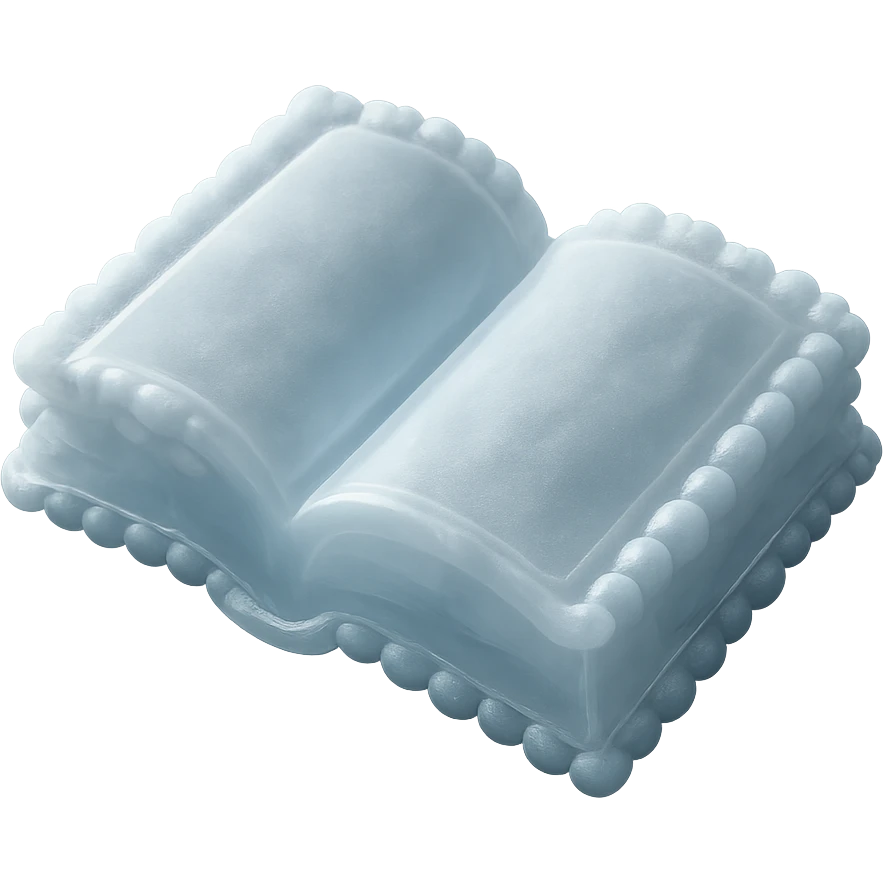 top view of a thick open book made entirely of small, very bright white fluffy convex clouds, matte glass style emoji