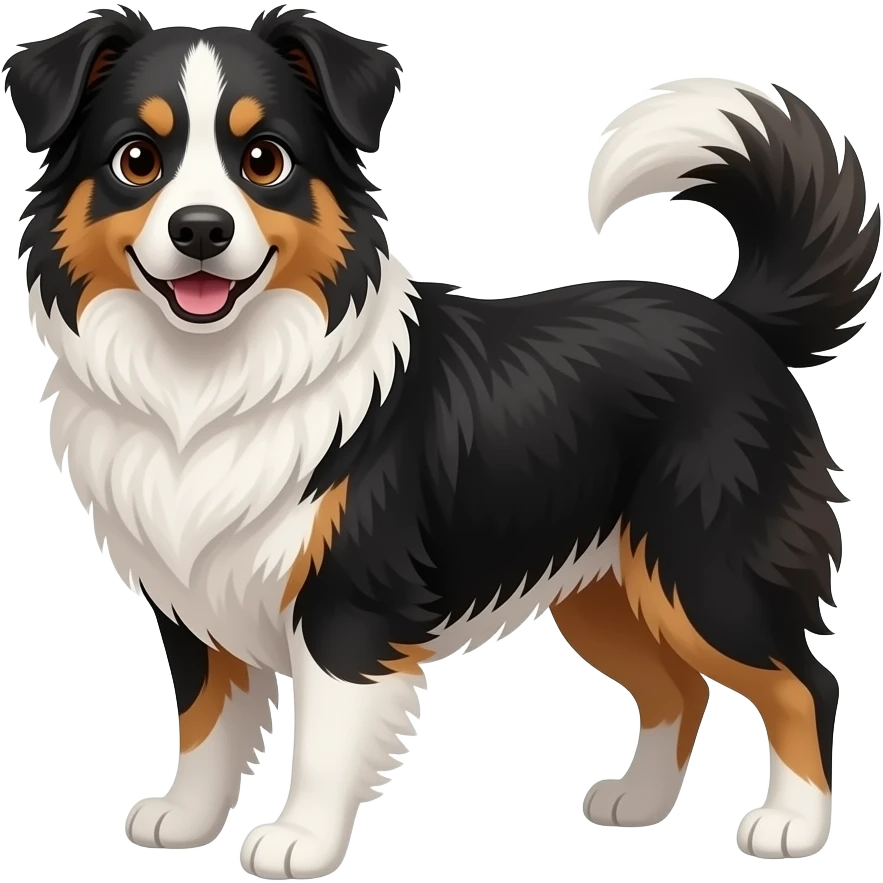 generate a set of emojis. there should be an Australian shepherd in full bloom with a tricolor and a girl with brown eyes, curly hair, and dark hair emoji