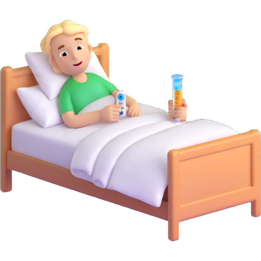 character in bed with thermometer and medicine emoji
