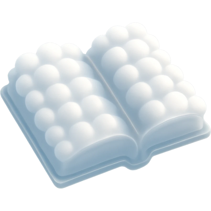 top view of a thick open book made entirely of small, very bright white fluffy convex clouds, matte glass style emoji