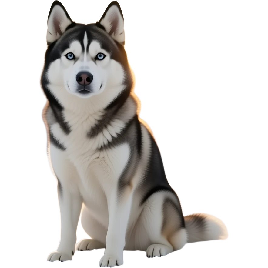 A majestic portrait of a Siberian husky sitting in a snow-covered forest at sunset, golden hour lighting, deep depth of field, sharp focus on the fur texture emoji