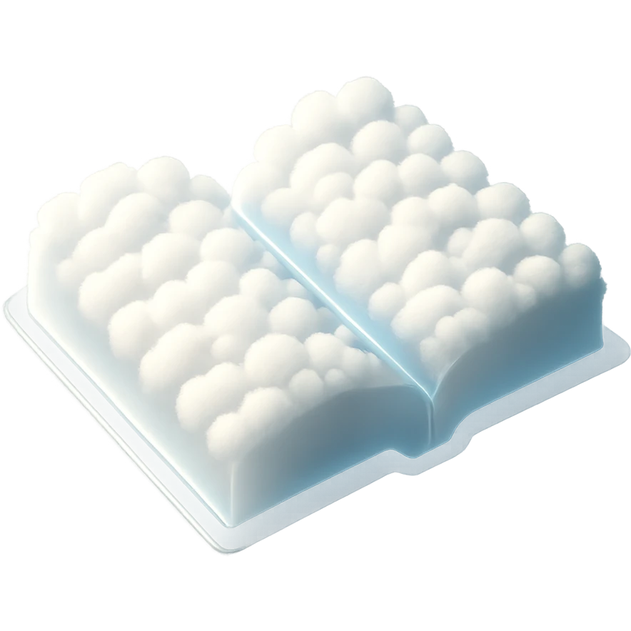 top view of a thick open book made entirely of small, very bright white fluffy convex clouds, matte glass style emoji