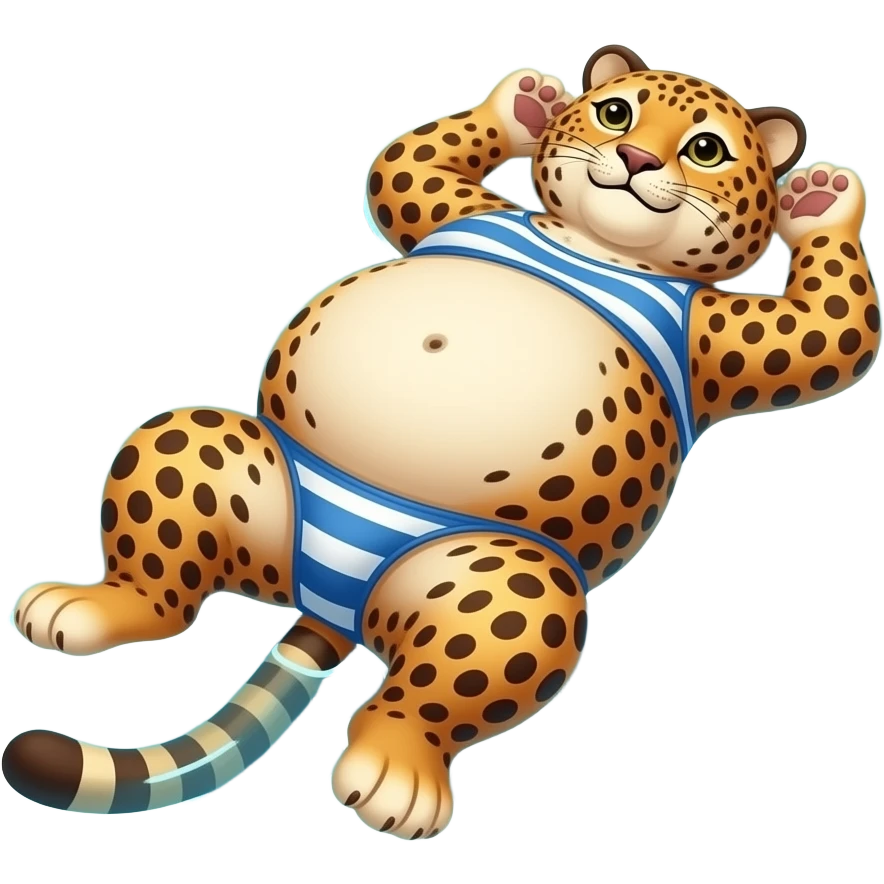 A cheetah enjoys beach holiday in her swimmers,but she is so full from a lunch break that she is about to burst,Then her fat Tummy rolls & drops out,she will just lay on her back in the shallow cool water,her gluttonous belly promotes a good resort business. emoji