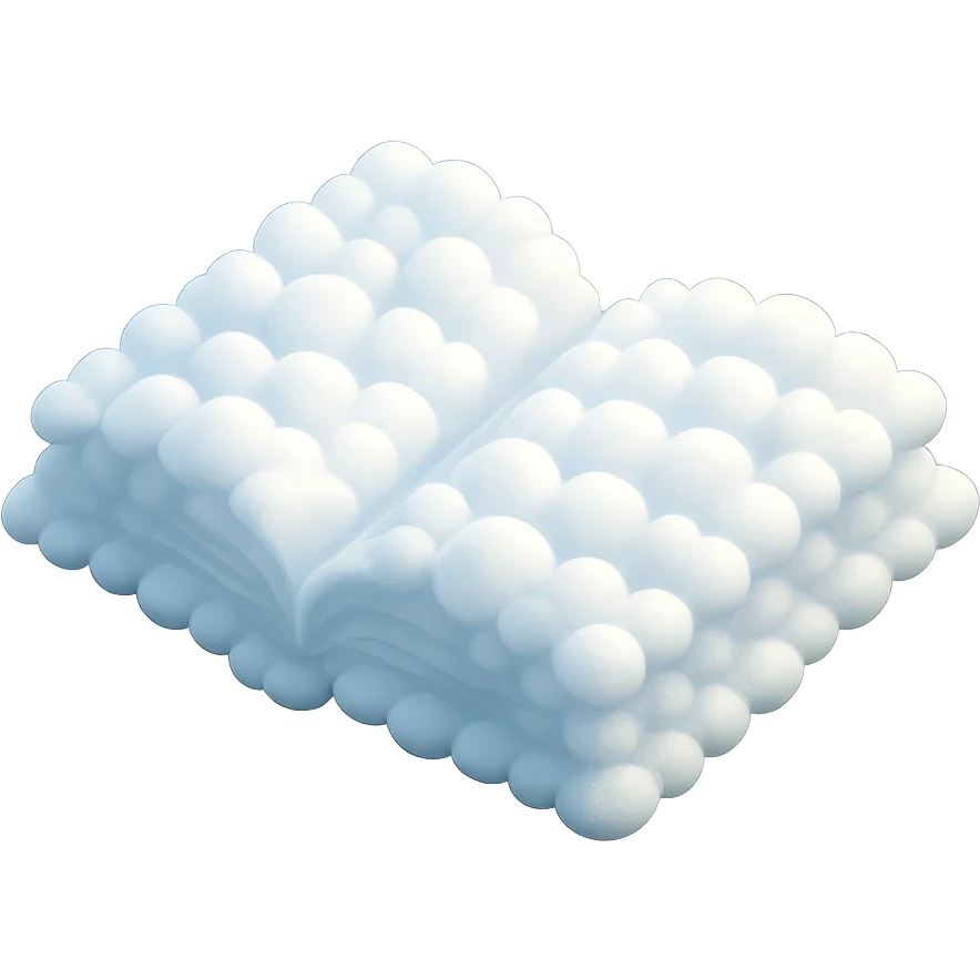 top view of a thick open book made entirely of small, very bright white fluffy convex clouds, matte glass style emoji