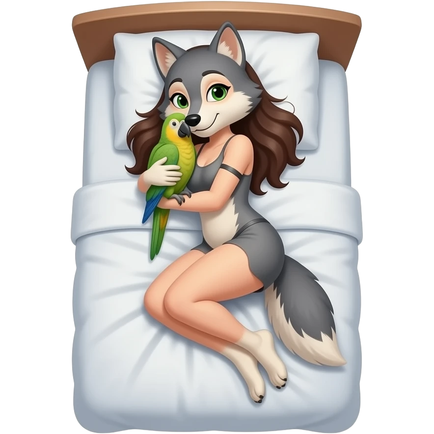 Female coyote furry person woman,laying in bed hugging a parrot emoji