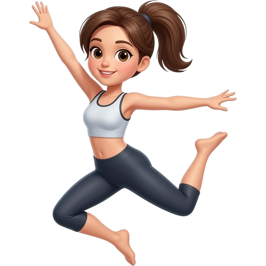 Girl dancer with brown hair brown eyes in workout clothes in a ponytail doing a jump with no shoes emoji