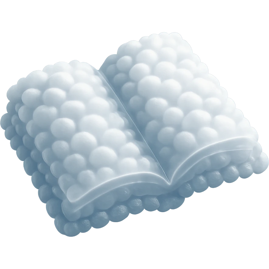top view of a thick open book made entirely of small, very bright white fluffy convex clouds, matte glass style emoji