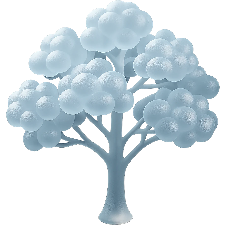 one tree with many branches and a white trunk, crown made of small very bright white fluffy convex clouds, matte glass style emoji