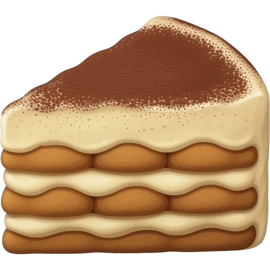 A triangular piece of tiramisu with 6 alternating layers of coffee-soaked ladyfingers and creamy filling, topped with cocoa powder dusting, soft 3D lighting, isometric vector art, simple composition, studio lighting, no text, no plate, no utensils, no shadows on edges emoji