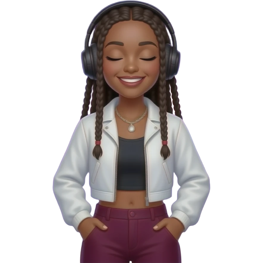 Anime/cartoon style. Black woman, eyes closed, smiling. Box braids. Black headphones. White crop jacket, burgundy pants. Silver jewelry. Glowing notes. Purple-blue cosmic background, neon rim light. Medium shot. --ar 16:9 emoji