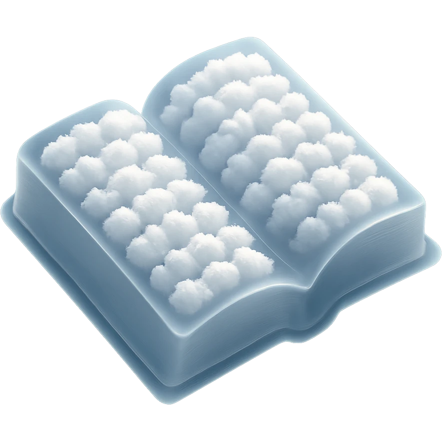 top view of a thick open book made entirely of small, very bright white fluffy convex clouds, matte glass style emoji