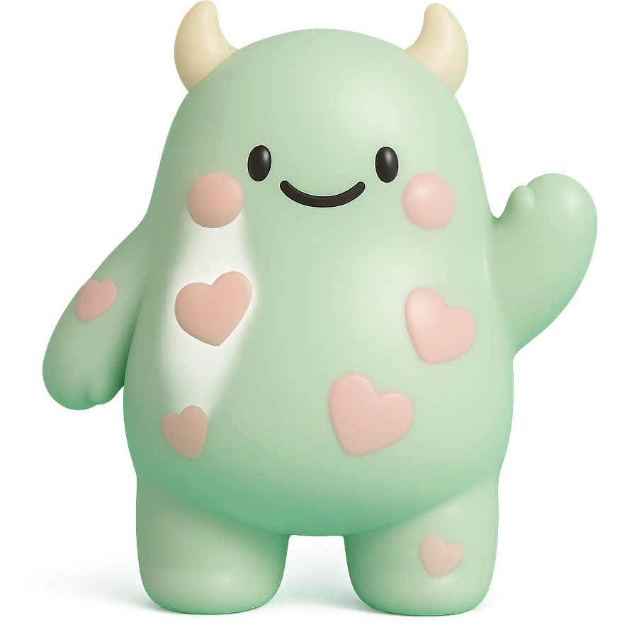 chubby monster with heart-shaped spots, smiling, playful pose emoji