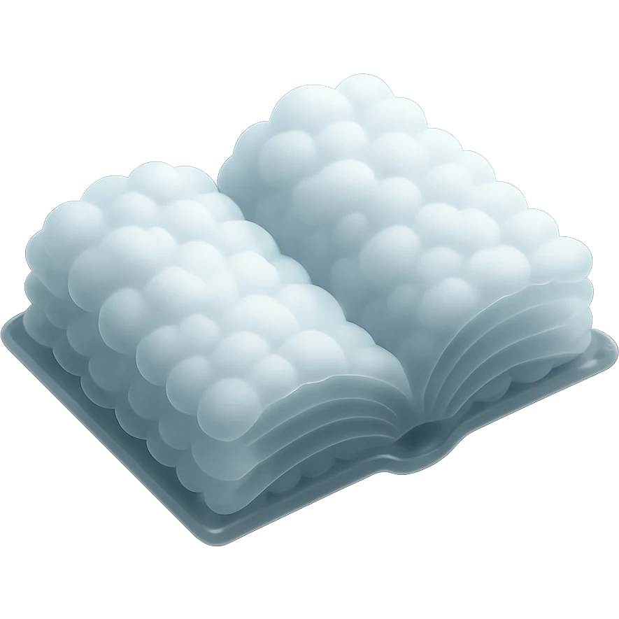 top view of a thick open book made entirely of small, very bright white fluffy convex clouds, matte glass style emoji