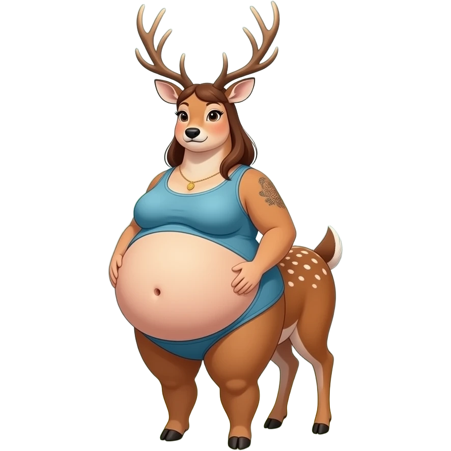 A female deer’s stomach gets massively large,turns in a giant living blimp,her bellybutton is popped so now it is an outie navel,she ate too much,now the deer/doe is obese. emoji