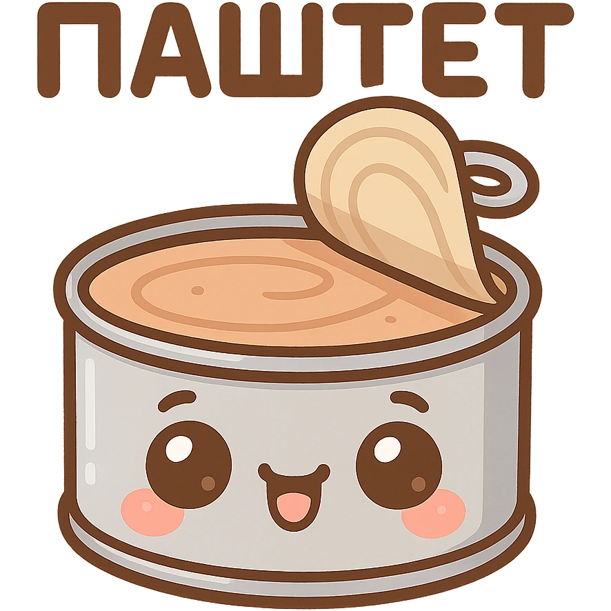 Chibi style cute open pâté tin can, lid partially opened, visible smooth pâté inside, big expressive cartoon eyes on the can, happy smiling face, tiny chubby proportions, kawaii emoji style, thick clean outline, flat illustration, soft pastel colors, simple shapes, no background, Twitch emote style, readable at small size, text on top saying "ПАСТЕТ" in bold cute Cyrillic letters emoji
