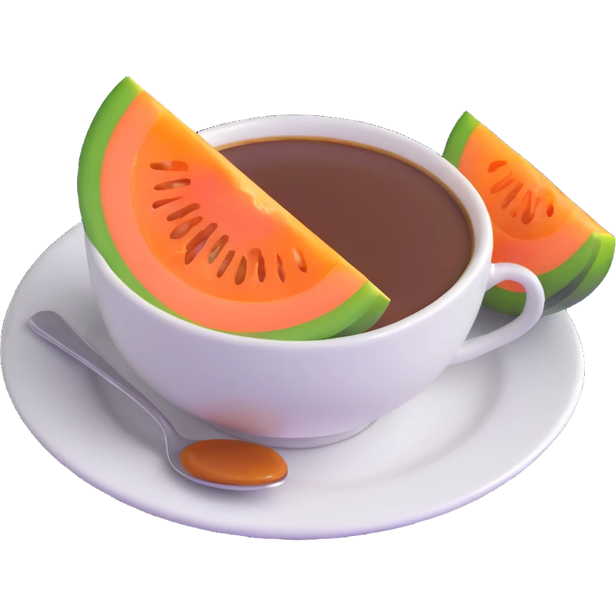 carajillo in an espresso cup with a slice of cantaloupe melon beside it emoji