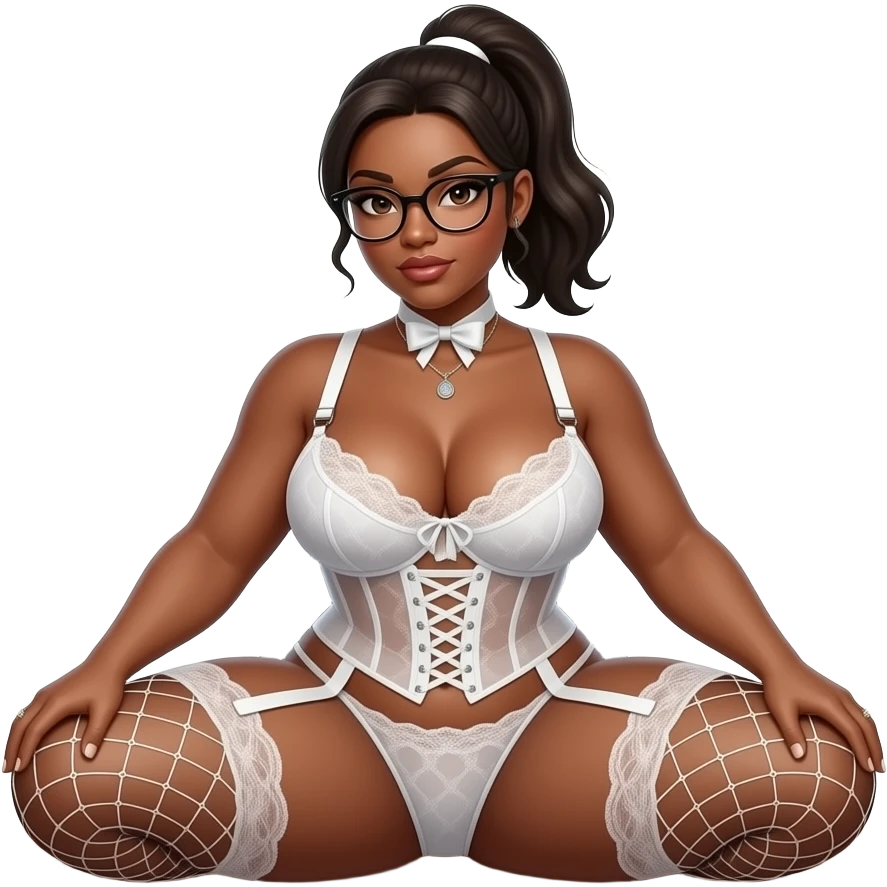 Big Busty, curvy brown skinned woman, hair in a ponytail, glasses, huge firm ass wearing a sheer white lace corset and a tiny sheer matching thong, white fencenet stockings and suspenders, she sat on the desk facing viewer pulling her knees wide apart with her hands emoji