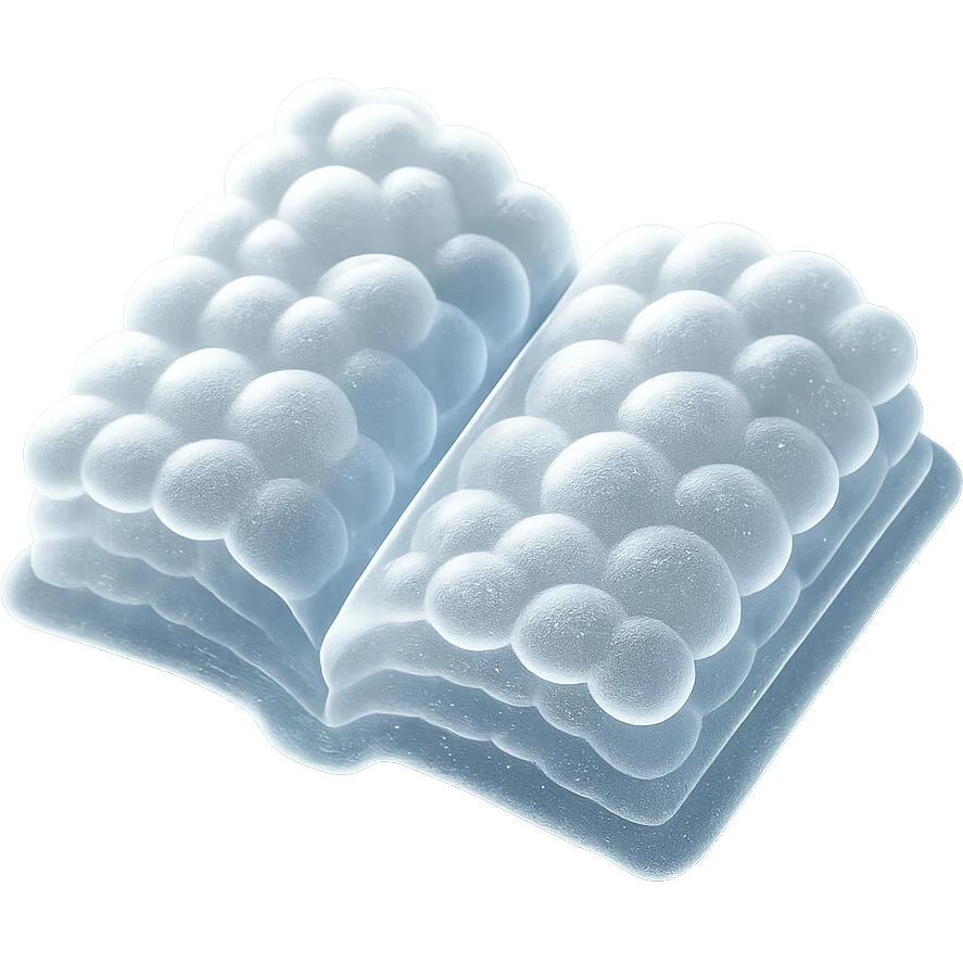 top view of a thick open book made entirely of small, very bright white fluffy convex clouds, matte glass style emoji