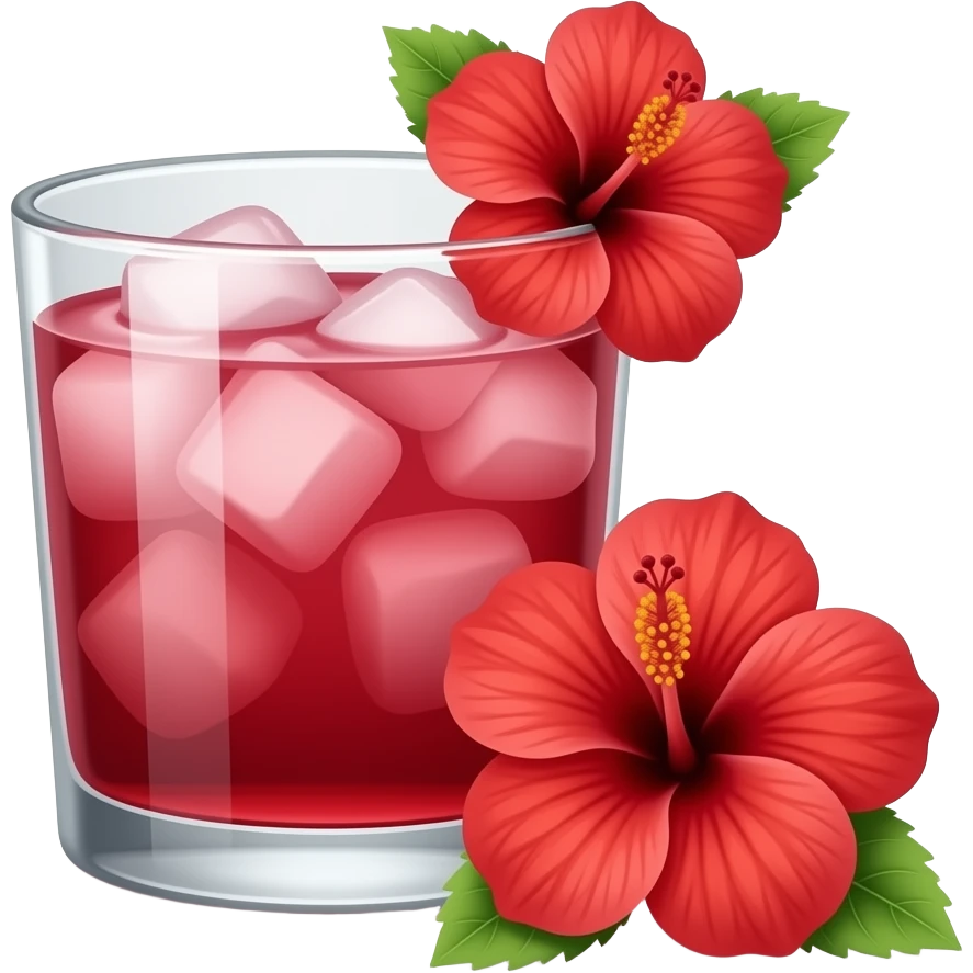 jus de bissap fleur d'hibiscus avec des carré de glaçons et une fleur d'hibiscus sur le côté emoji
