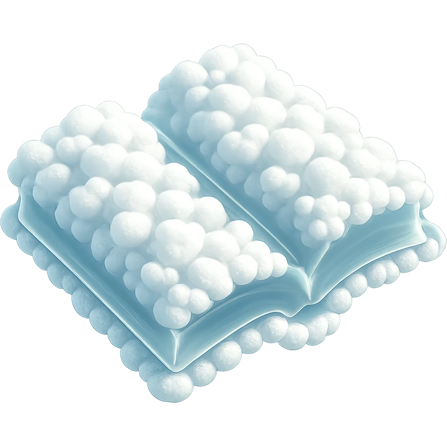 top view of a thick open book made entirely of small, very bright white fluffy convex clouds, matte glass style emoji