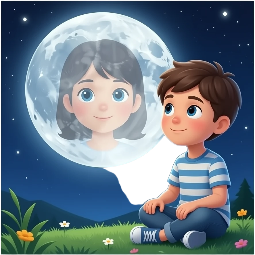 একটি ছেলে জোসনা রাতে চাঁদের নিচে বসে চাঁদের দিকে তাকিয়ে আছে চাঁদের মধ্যে একটি মেয়ের ছবি দেখা যাচ্ছে  fame:9:16 emoji