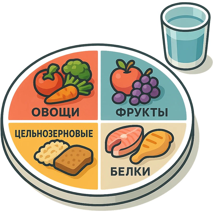 Harvard plate divided into 4 sectors with labels in Russian: 'Овощи', 'Фрукты', 'Цельнозерновые', 'Белки', with a separate icon of a glass of water on the side. Plate with shadows and highlights, volumetric, modern infographic, transparent background. emoji