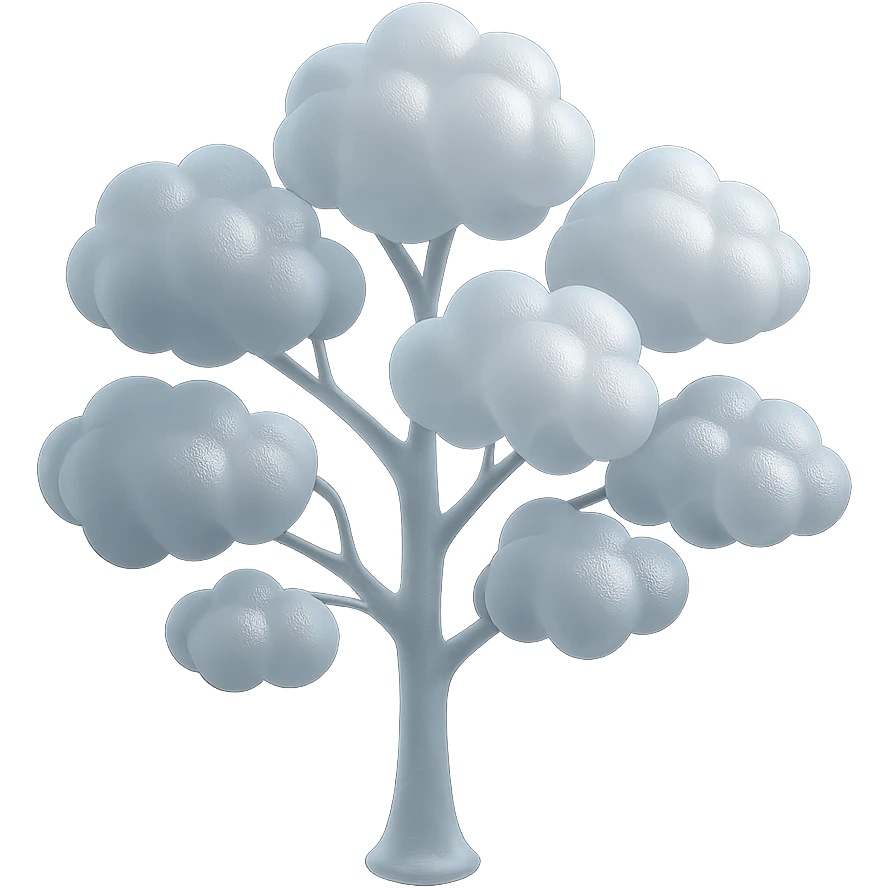 one tree with many branches and a white trunk, crown made of small very bright white fluffy convex clouds, matte glass style emoji