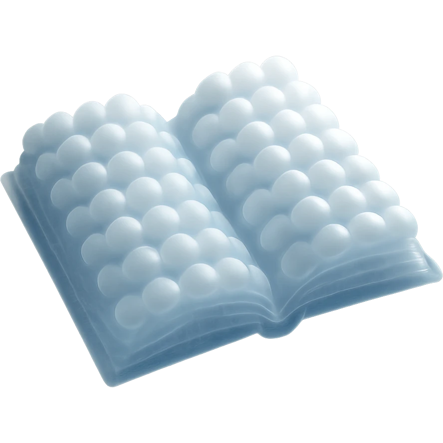 top view of a thick open book made entirely of small, very bright white fluffy convex clouds, matte glass style emoji