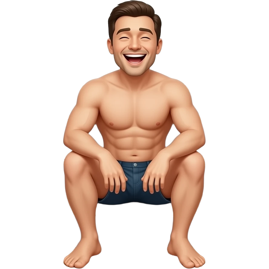 Un homme sans habit dans une position de satisfaction sur des marches d’escaliers en bois entre deux murs blancs. emoji