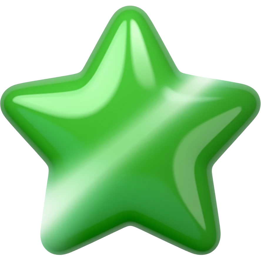iOS emoji style, glossy 3D icon of a green shooting star with rounded edges, smooth soft plastic material, subtle reflections, minimalist design, comet-like trailing tail made of soft glowing particles, clean centered composition, high detail, transparent background, playful but elegant look emoji